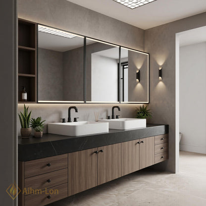 60''-96'' Double Bathroom Vanity with Sink Floating Dark Stone Top Wood Cabinet