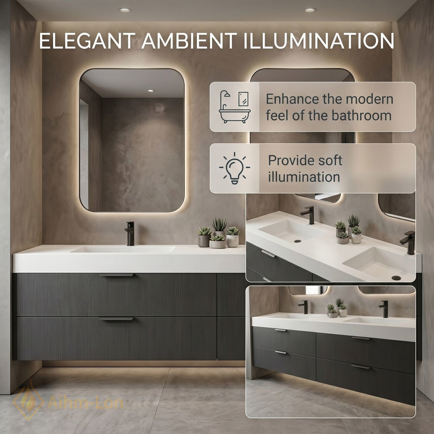 60''-96'' Double Bathroom Vanity with Sink Floating Wood-Grain Illuminated Mirror Dark Finish