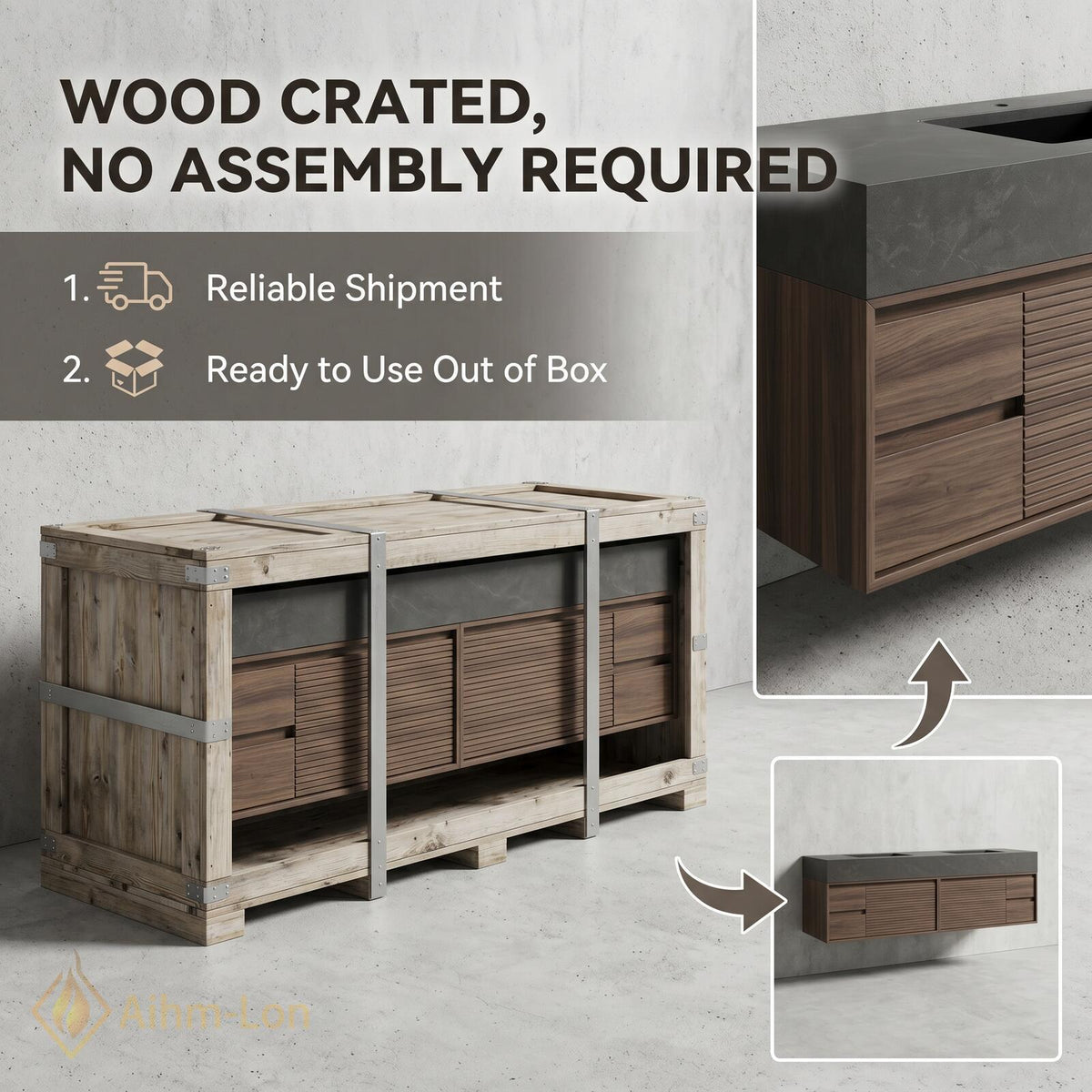 60''-96'' Double Bathroom Vanity with Sink Slatted Drawers Walnut Finish Warm Walnut