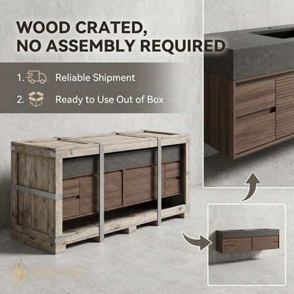 60''-96'' Double Bathroom Vanity with Sink Slatted Drawers Walnut Finish Warm Walnut