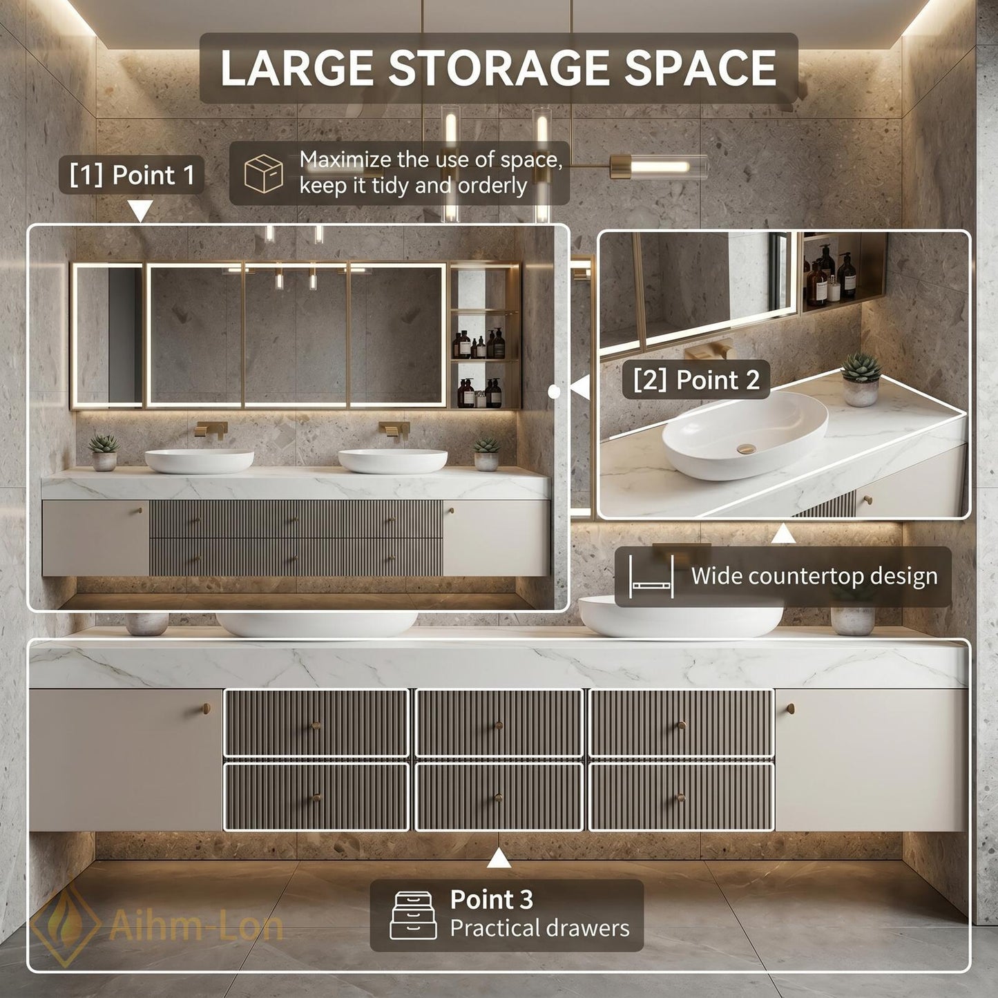 72''-96'' Double Bathroom Vanity with Sink Grey Modern Floating Drawer Soft Finish