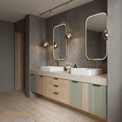 76"-96'' Bathroom Vanity with Sink Slim Fluted Panels Soft Oak Finish Double