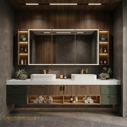 60''-96'' Double Bathroom Vanity with Sink Modern Floating Dark Green Finish Slatted