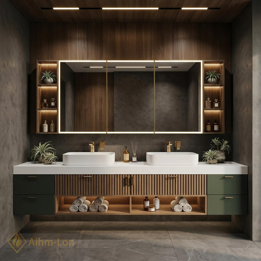 60''-96'' Double Bathroom Vanity with Sink Modern Floating Dark Green Finish Slatted