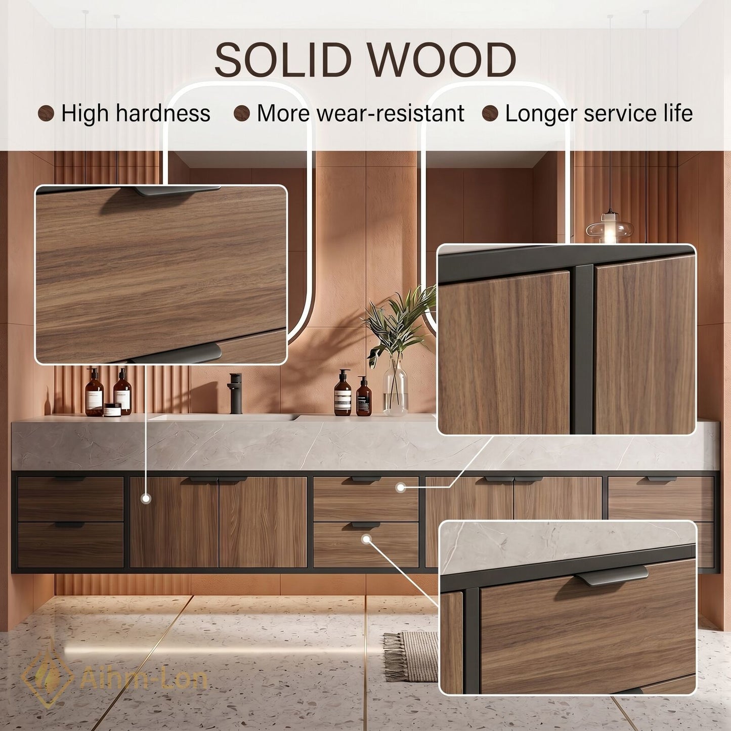 78''-96'' Double Bathroom Vanity with Sink Floating Modern Wood-Grain Sleek Oval Mirrors