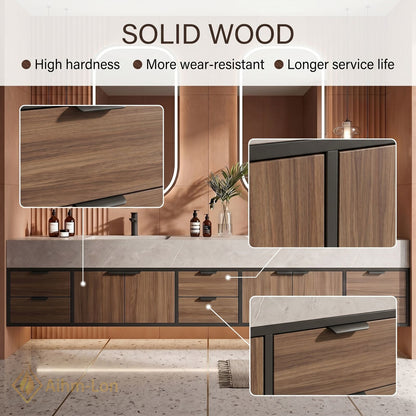 78''-96'' Double Bathroom Vanity with Sink Floating Modern Wood-Grain Sleek Oval Mirrors