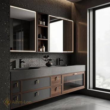 60''-96'' Double Bathroom Vanity with Sink Modern Floating Slatted Glass Doors Shelving