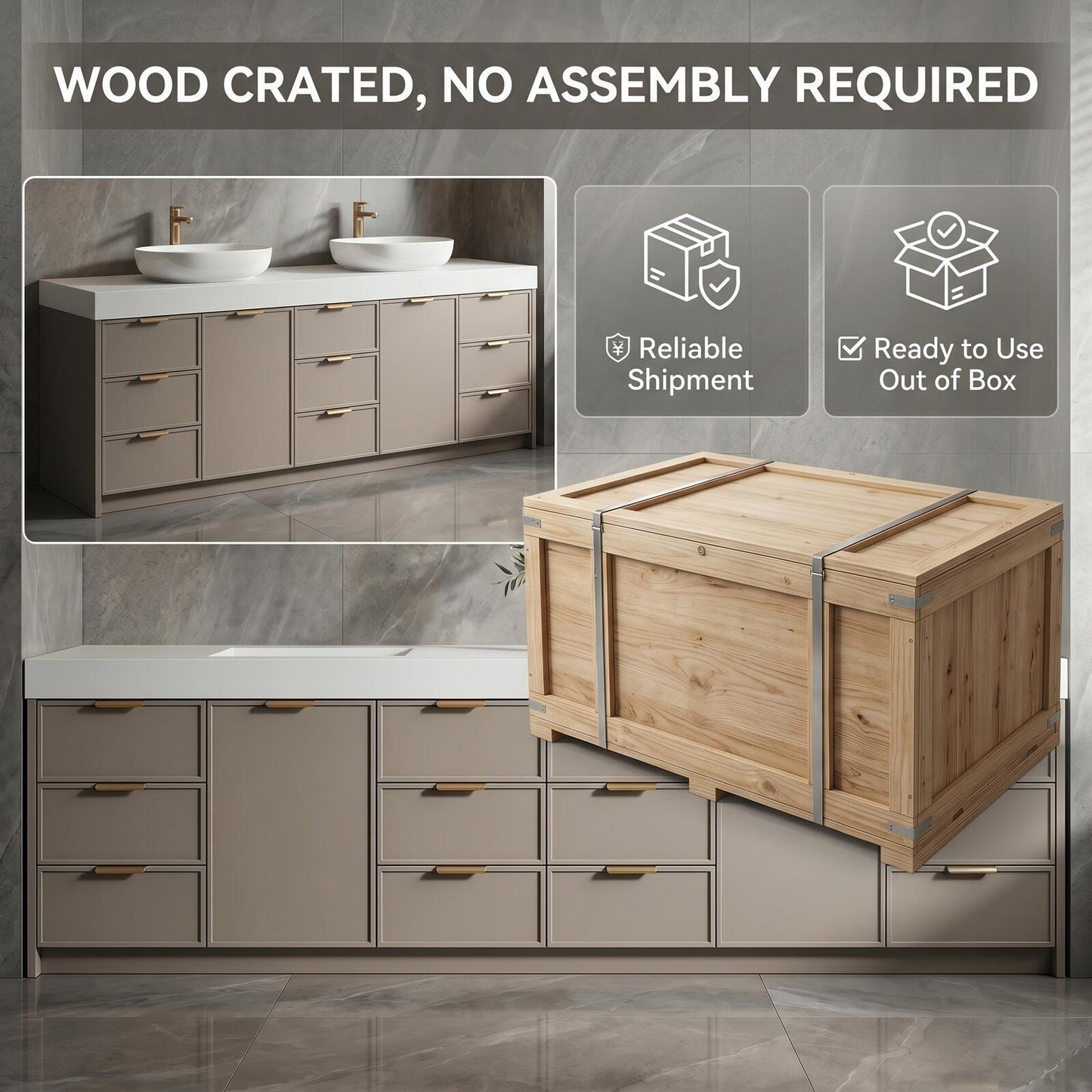 78''-96'' Modern Bathroom Vanity with Sink Double Sink Grey Matte Gold Hardware Cabinet