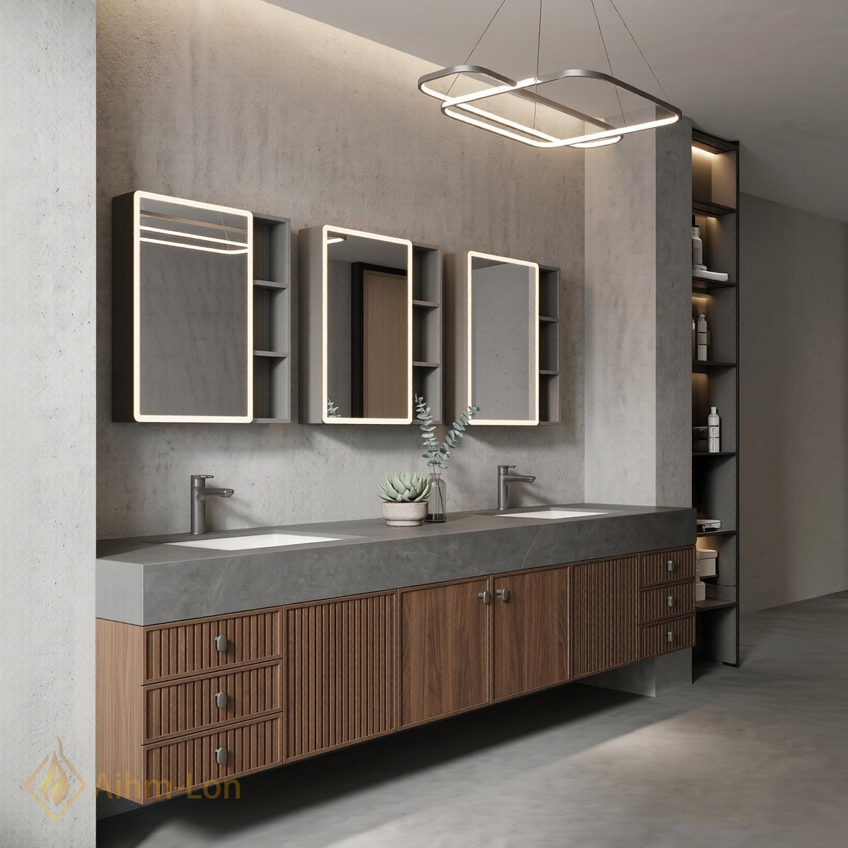 60''-96'' Double Bathroom Vanity with Sink Ribbed Dark Walnut Front Stone Top