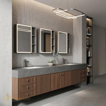 60''-96'' Double Bathroom Vanity with Sink Ribbed Dark Walnut Front Stone Top