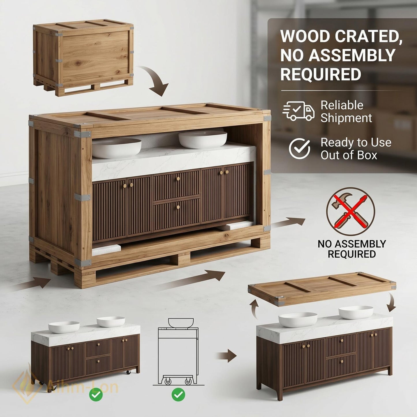 60''-96'' Double Bathroom Vanity with Sink Dark-Walnut Modern Floating Slatted-Panels