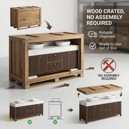 60''-96'' Double Bathroom Vanity with Sink Dark-Walnut Modern Floating Slatted-Panels