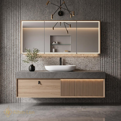 36''-110'' Floating Bathroom Vanity with Sink Riveted Slats Open Niche Slate Top