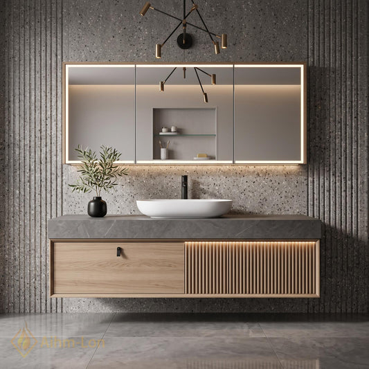 36''-110'' Floating Bathroom Vanity with Sink Riveted Slats Open Niche Slate Top