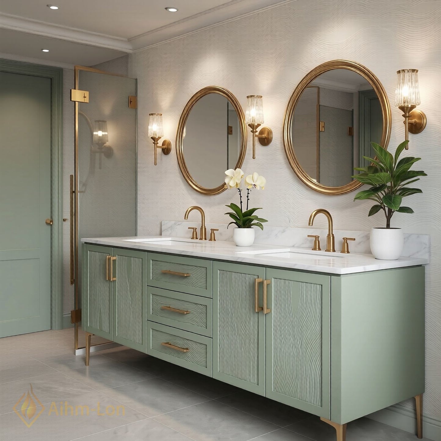 72''-96'' Modern Bathroom Vanity with Sink Sage Green Textured Marble Gold Drawers