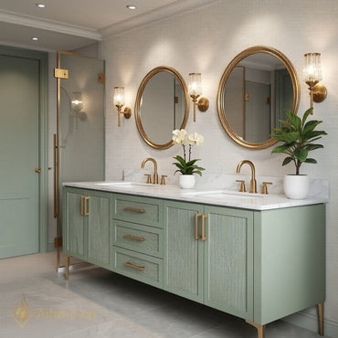 72''-96'' Modern Bathroom Vanity with Sink Sage Green Textured Marble Gold Drawers