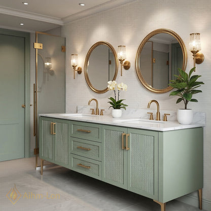 72''-96'' Modern Bathroom Vanity with Sink Sage Green Textured Marble Gold Drawers
