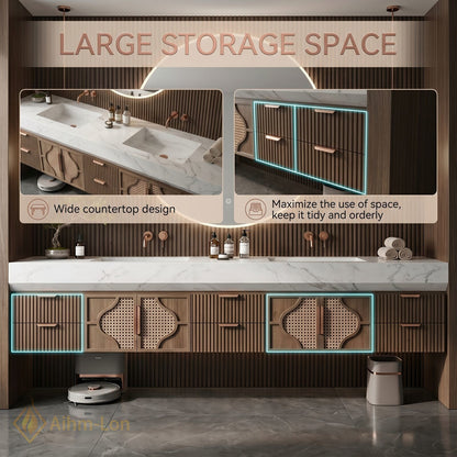 76''-96'' Double Bathroom Vanity with Sink Open Weave Panels Wood Grain Finish