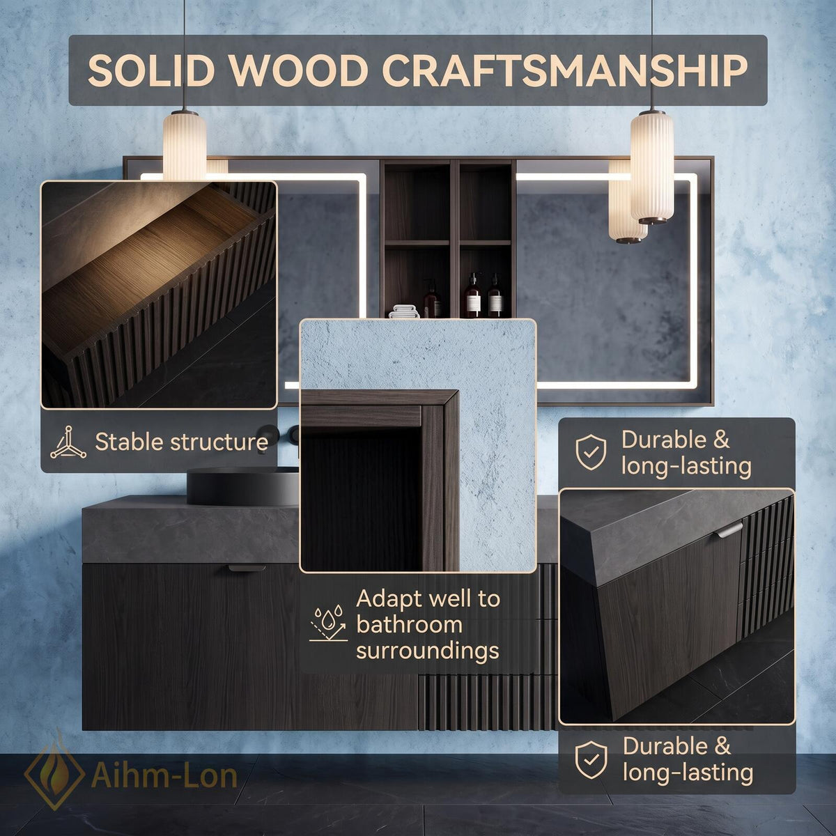 36''-110'' Bathroom Vanity with Sink Floating Sintered Stone Top Dark Finish