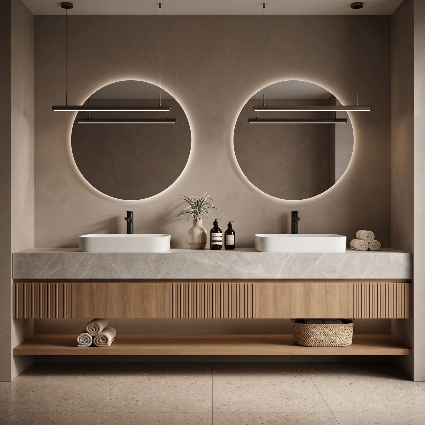 60''-96'' Modern Bathroom Vanity with Sink Grey Veining Top Slatted Wood Panels