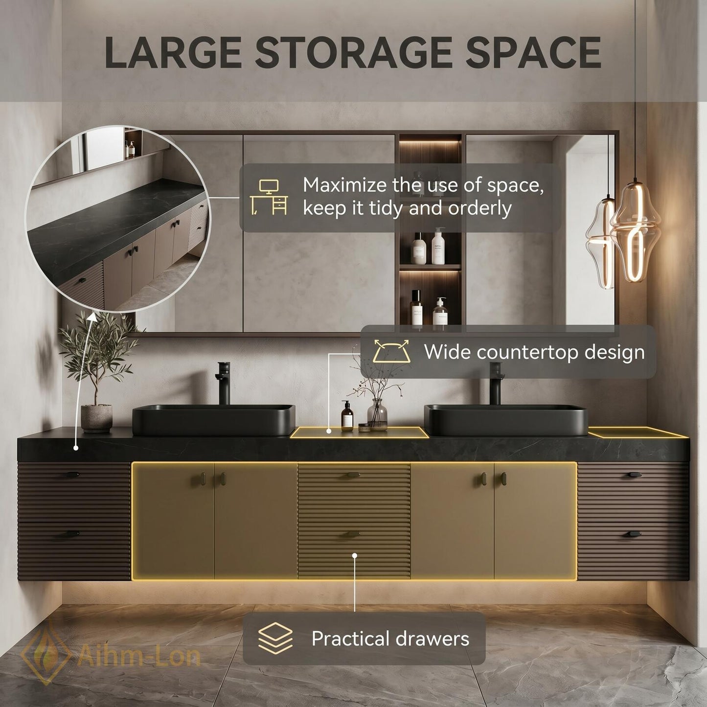 70''-96'' Modern Double Bathroom Vanity with Sink Floating Slatted Front Dark Finish