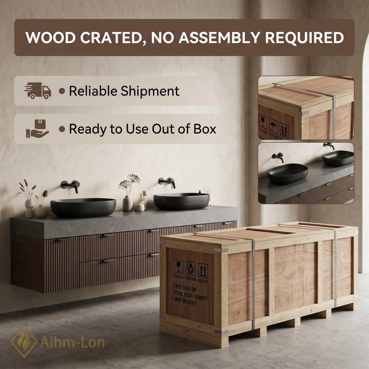 60''-96'' Bathroom Vanity with Sink Modern Floating Dark Wood Finish Slatted Front