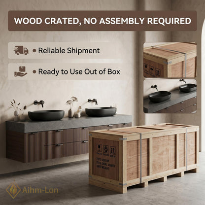 60''-96'' Bathroom Vanity with Sink Modern Floating Dark Wood Finish Slatted Front