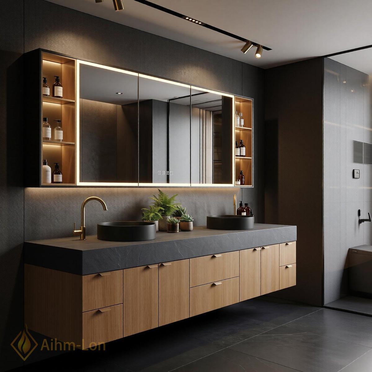 60''-96'' Double Bathroom Vanity with Sink Dark Walnut Grey Counter Slatted Panel