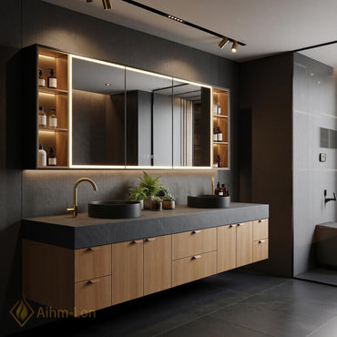 60''-96'' Double Bathroom Vanity with Sink Dark Walnut Grey Counter Slatted Panel