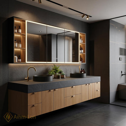 60''-96'' Double Bathroom Vanity with Sink Dark Walnut Grey Counter Slatted Panel