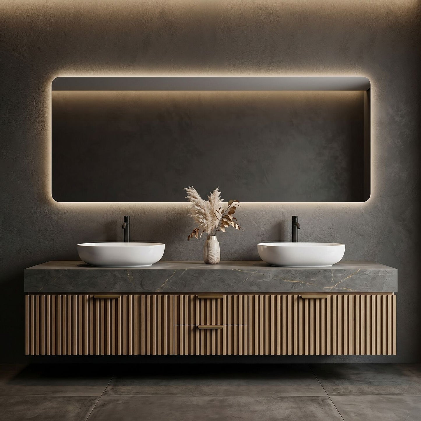60''-96'' Modern Bathroom Vanity with Sink Double Sink Grey Marble Wooden Slatted Drawers