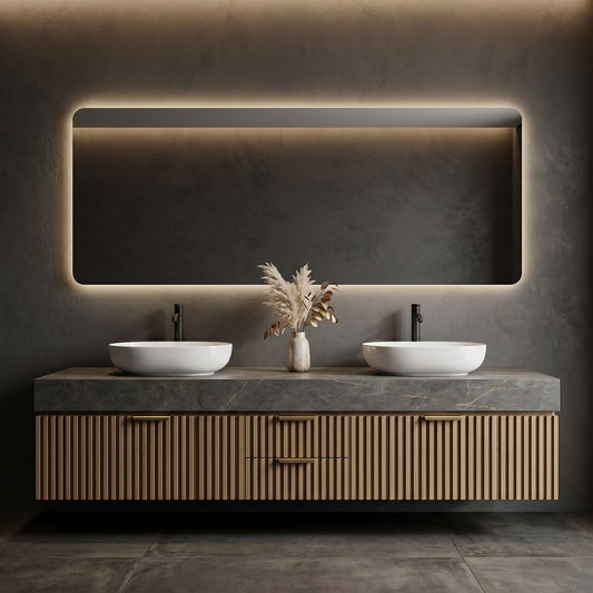 60''-96'' Modern Bathroom Vanity with Sink Double Sink Grey Marble Wooden Slatted Drawers