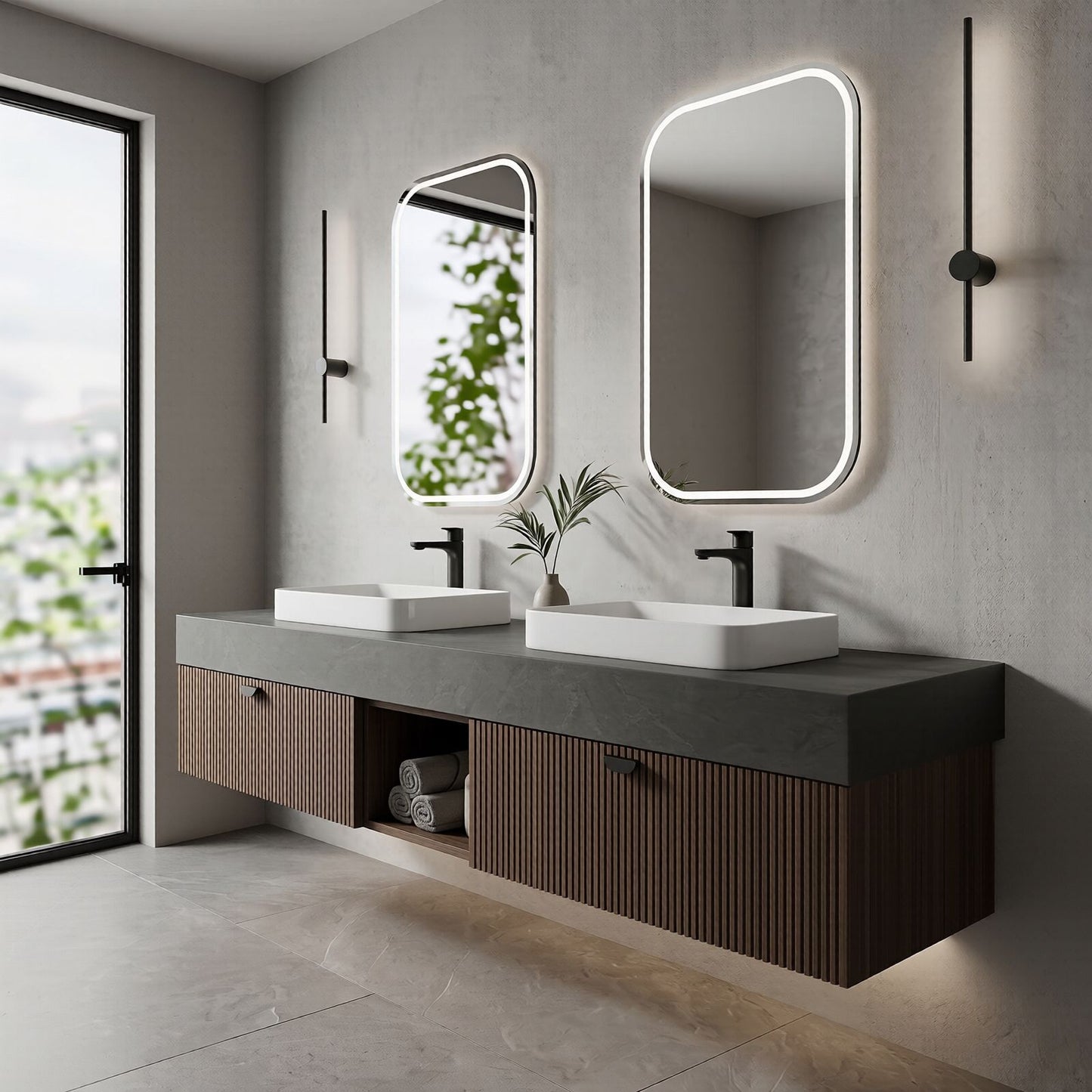 60''-96'' Modern Bathroom Vanity with Sink Double Sink Dark Stone Slatted Wood Open Shelf