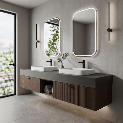 60''-96'' Modern Bathroom Vanity with Sink Double Sink Dark Stone Slatted Wood Open Shelf