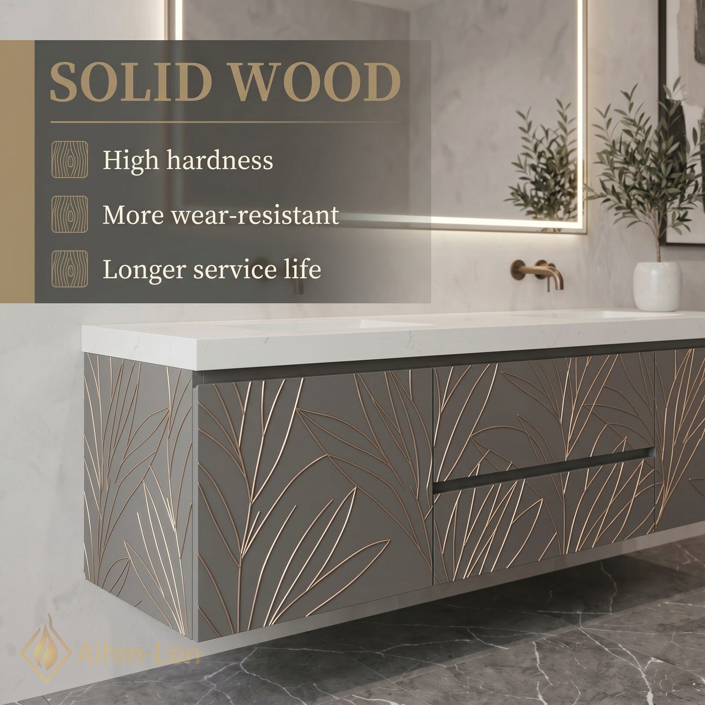 60''-96'' Double Bathroom Vanity with Sink Leaf-Textured Doors Integrated LED Mirror