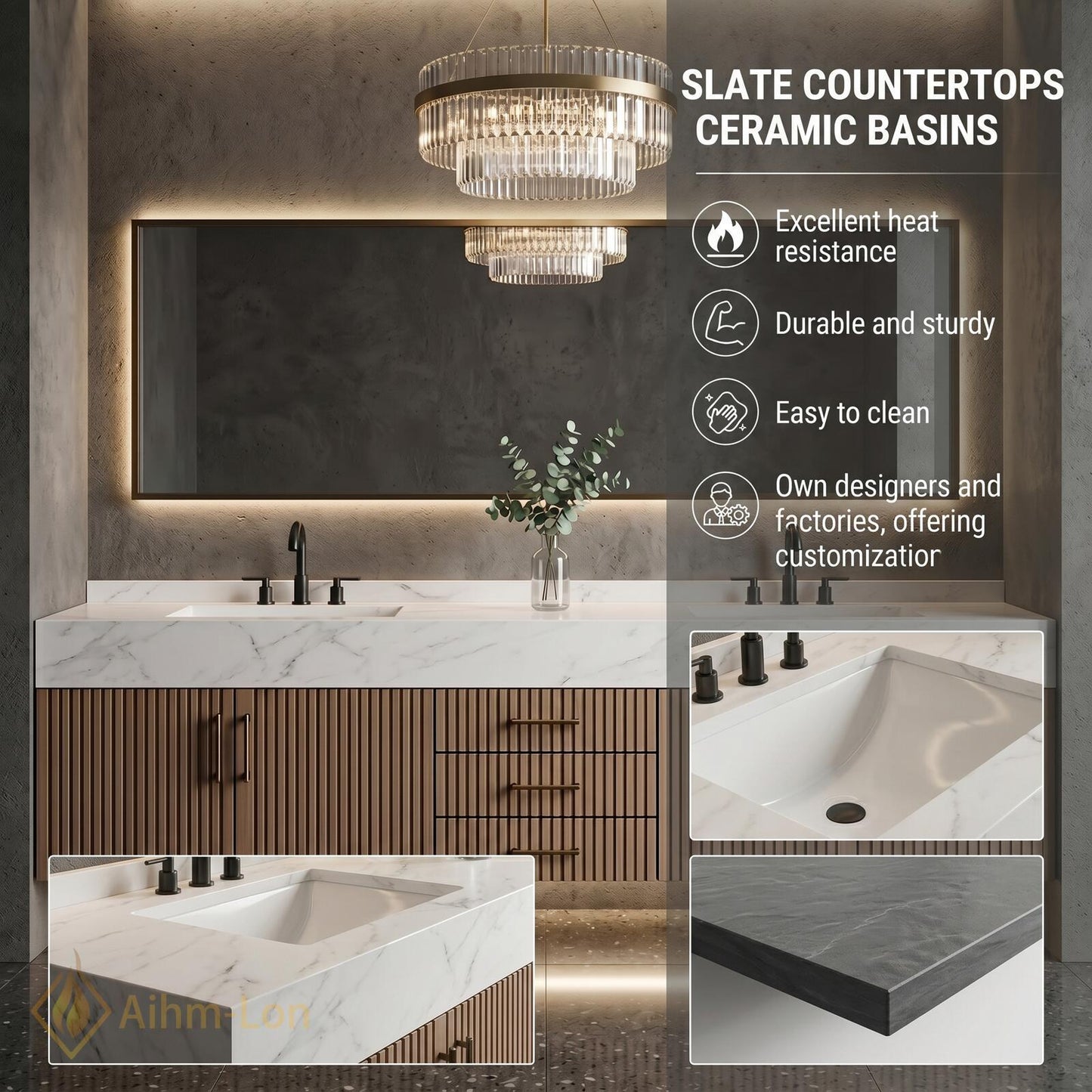 60''-96'' Double Bathroom Vanity with Sink White Modern Floating Slatted-Panels Marble