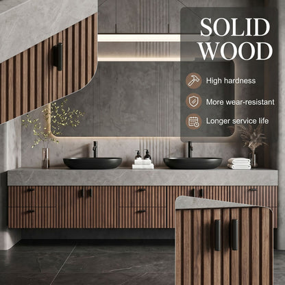 78''-96'' Modern Bathroom Vanity with Sink Double Sink Grey Stone Slatted Wood Front