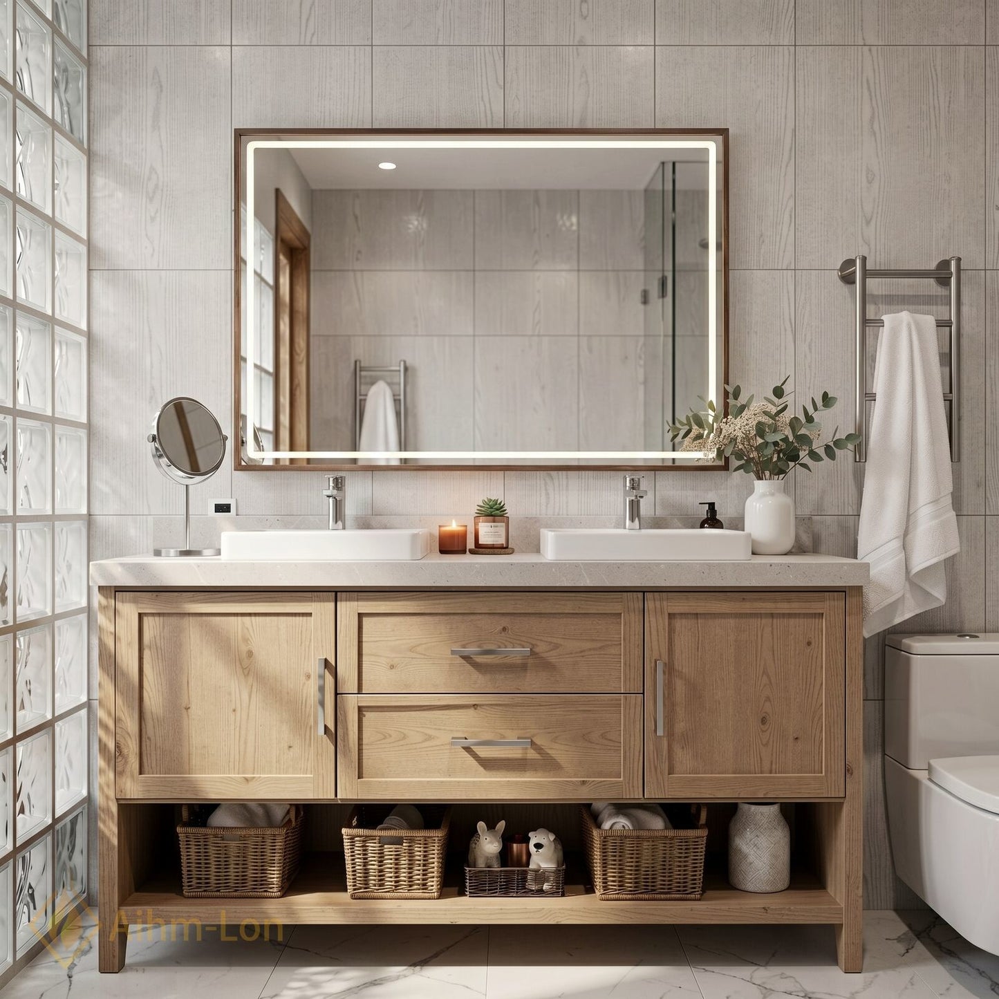 60''-96'' Modern Bathroom Vanity with Sink Farmhouse Wood Grain Wide Baskets