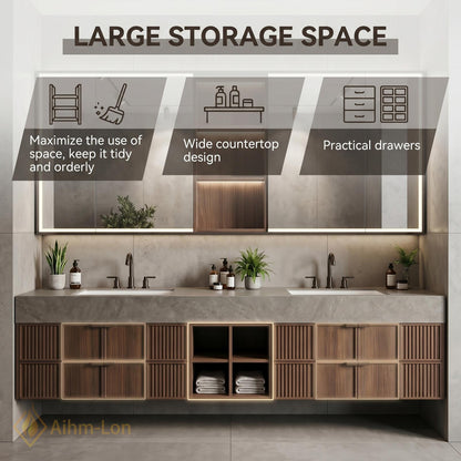 60''-96'' Double Bathroom Vanity with Sink Modern Slatted Panel Doors Stone Top