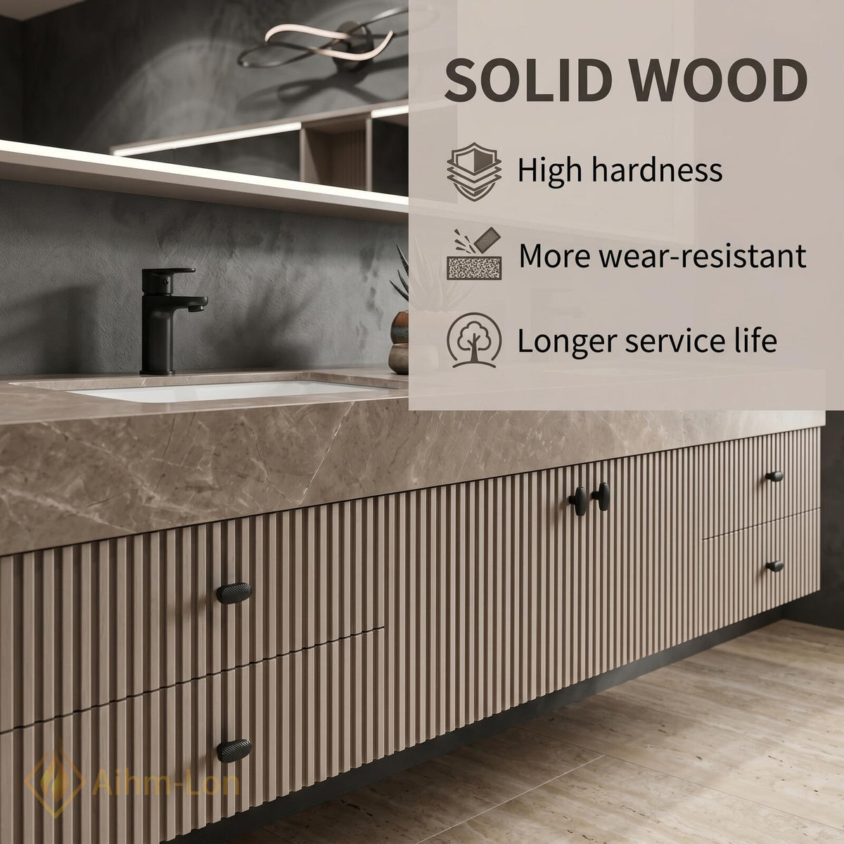 60''-96'' Sleek Floating Bathroom Vanity with Sink Fluted Vertical Panels Marble-Textured Countertop