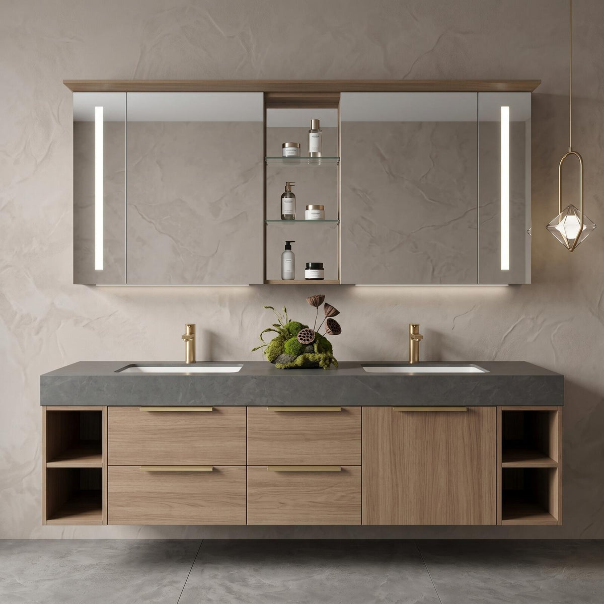 60''-96'' Double Bathroom Vanity with Sink Modern Floating Warm Wood Grain Open Side Shelving