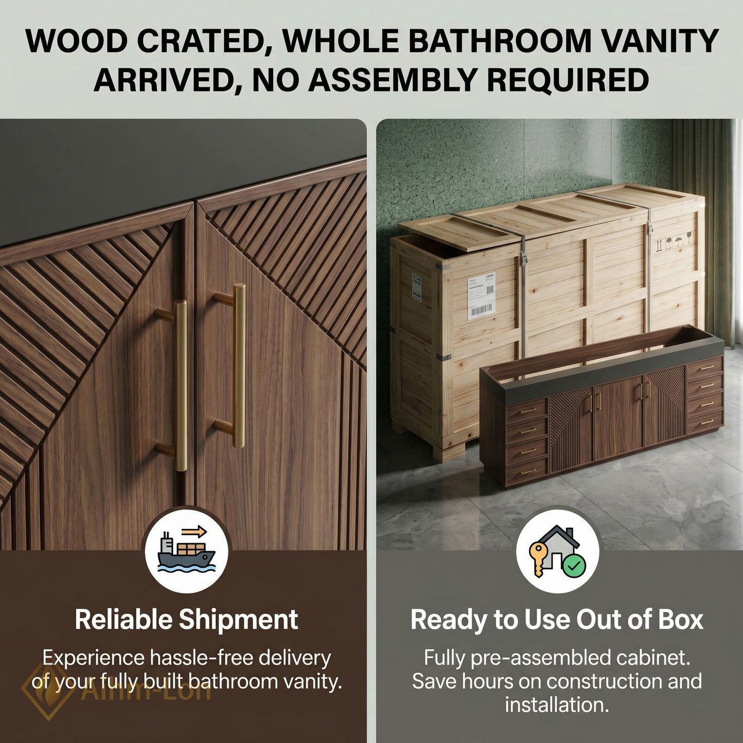 76''-96'' Double Bathroom Vanity with Sink Geometric Door Details Geometric Wood Dark