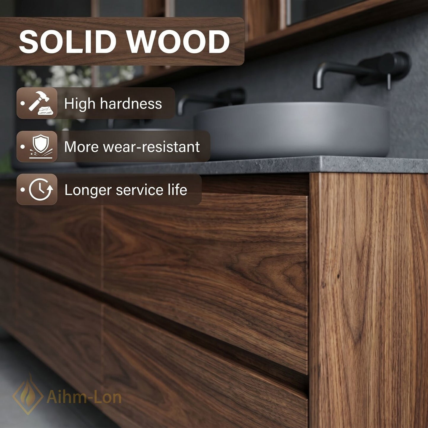 78''-96'' Modern Bathroom Vanity with Sink Triple Dark Walnut Grey Open Shelving Drawers