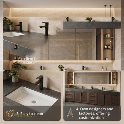 78''-96'' Double Bathroom Vanity with Sink Modern Floating Dark Stone Slatted Doors
