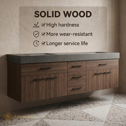 60''-96'' Double Bathroom Vanity with Sink Floating Dark Grey Marble Wood Panels