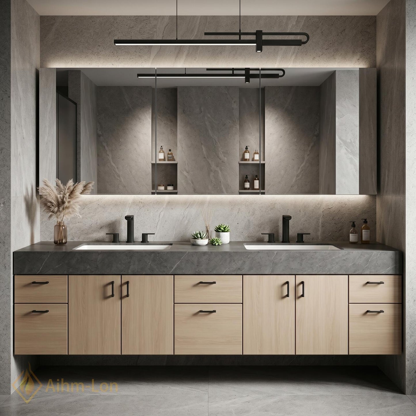 70''-96'' Double Bathroom Vanity with Sink Elegant Floating Charcoal Quartz Top Grain