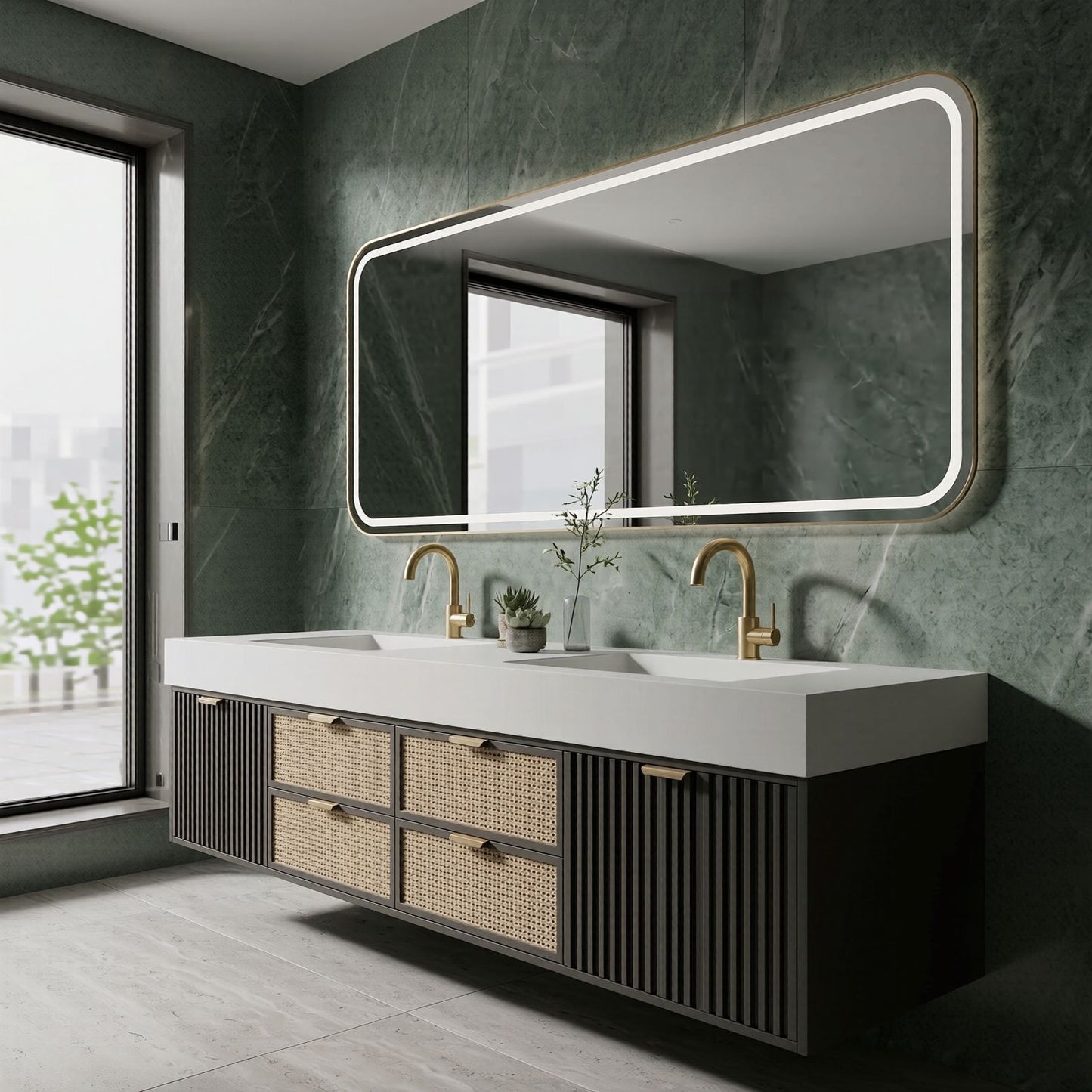 60''-96'' Double Bathroom Vanity with Sink Rattan Front Drawers Slat Panel Gold Pulls