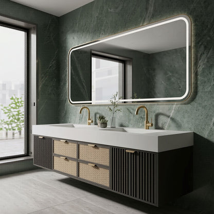 60''-96'' Double Bathroom Vanity with Sink Rattan Front Drawers Slat Panel Gold Pulls