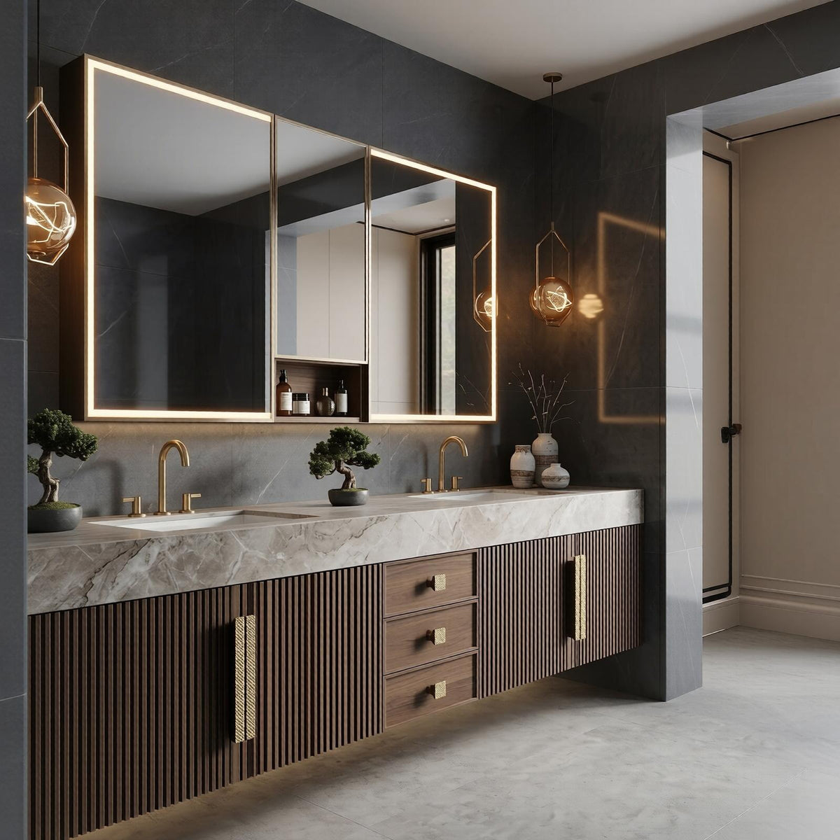 60''-96'' Double Bathroom Vanity with Sink Marble-Effect Top Dark Walnut Slatted Front