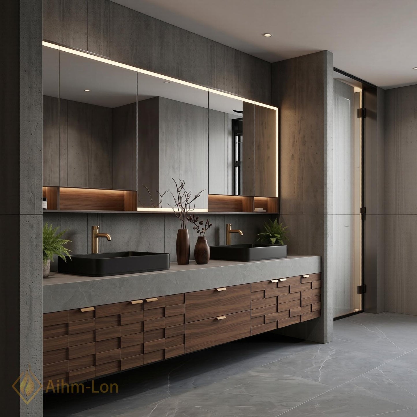 72''-96'' Double Bathroom Vanity with Sink Charcoal Walnut Modern Floating Stone-Top